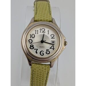 M.Z Berger Watch Women 28mm Silver Case Green Leather Band- New Battery‎